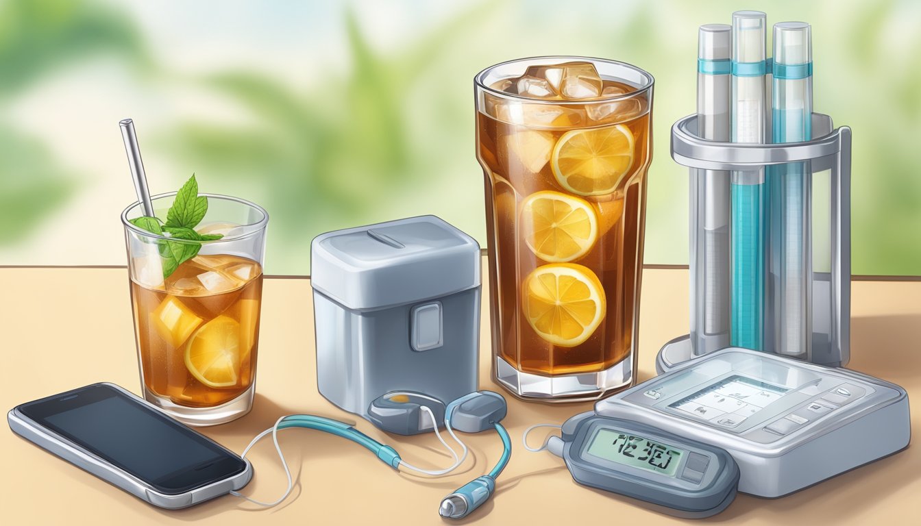 A glass of unsweetened iced tea next to a diabetes monitoring kit