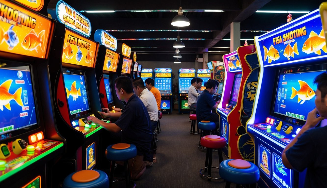 Sebuah arcade permainan tembak ikan Indonesia yang ramai dengan mesin berwarna-warni dan pemain yang terbenam dalam permainan