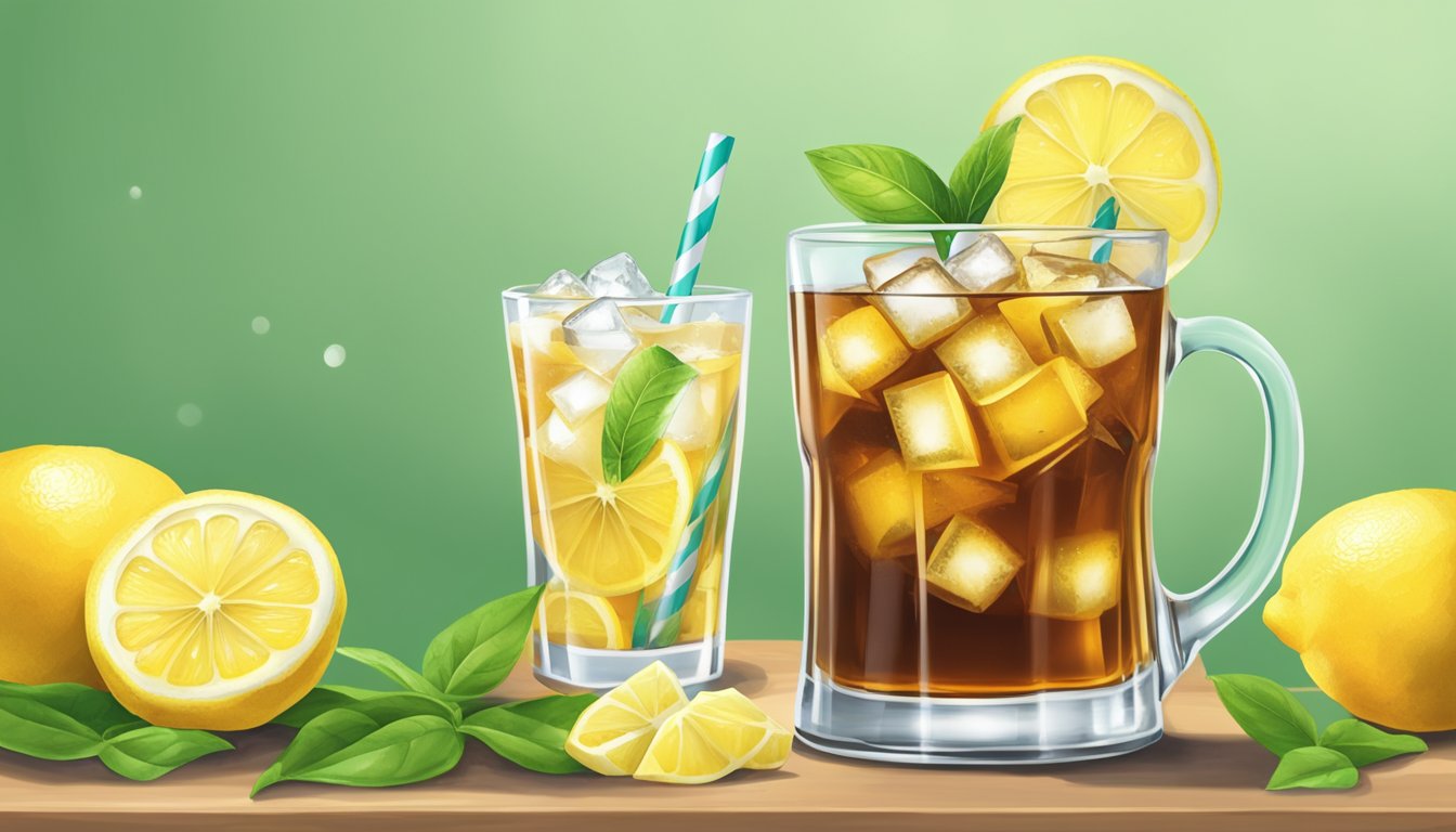 A refreshing glass of unsweetened iced tea sits on a table, surrounded by fresh lemon slices and ice cubes, with a backdrop of green tea leaves and a sugar-free sweetener packet