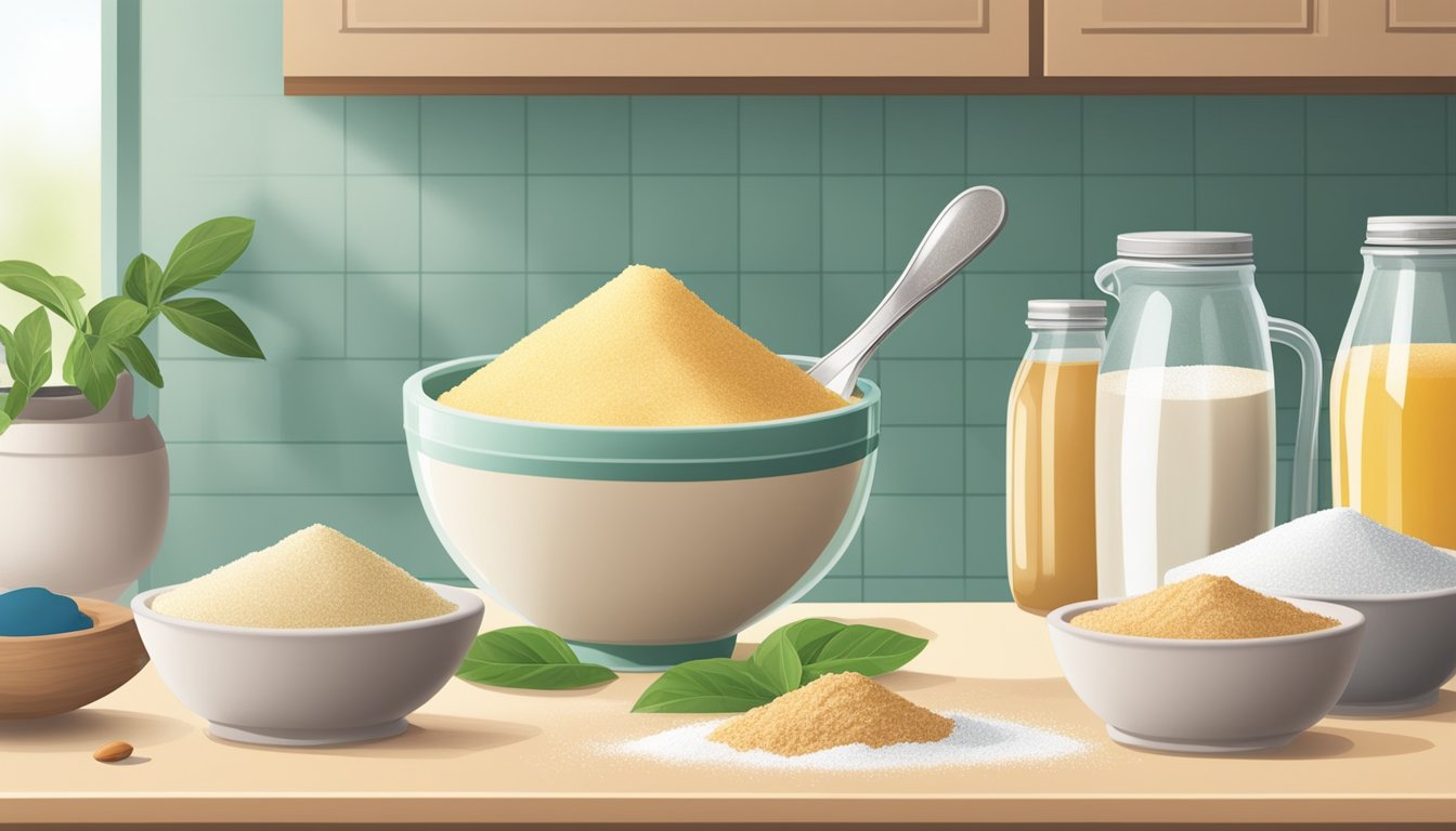 A kitchen counter with sugar-free baking mixes, almond flour, and stevia sweetener. A measuring cup and mixing bowl sit nearby