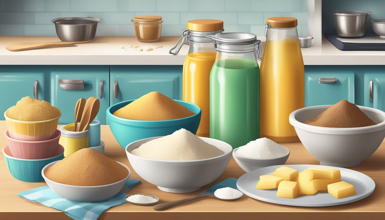 A kitchen counter with assorted sugar-free baking ingredients and tools, including baking mixes, measuring cups, and a mixing bowl