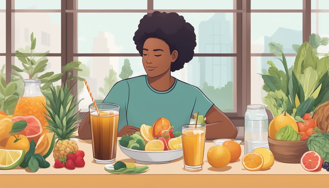 A person sitting at a table with a glass of unsweetened iced tea, surrounded by healthy food options like fruits, vegetables, and whole grains