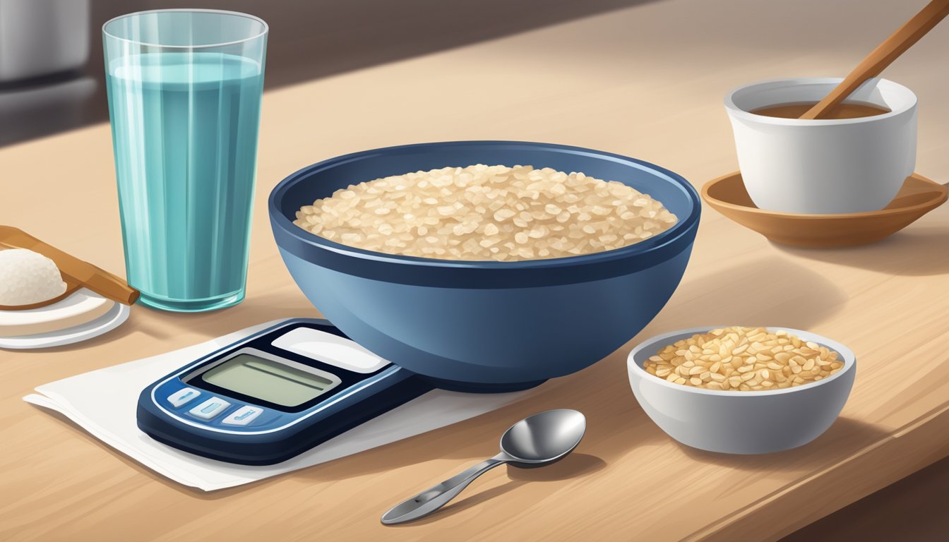 A bowl of sugar-free oatmeal with a spoon, a blood glucose monitor, and a diabetic's medical bracelet on a kitchen table