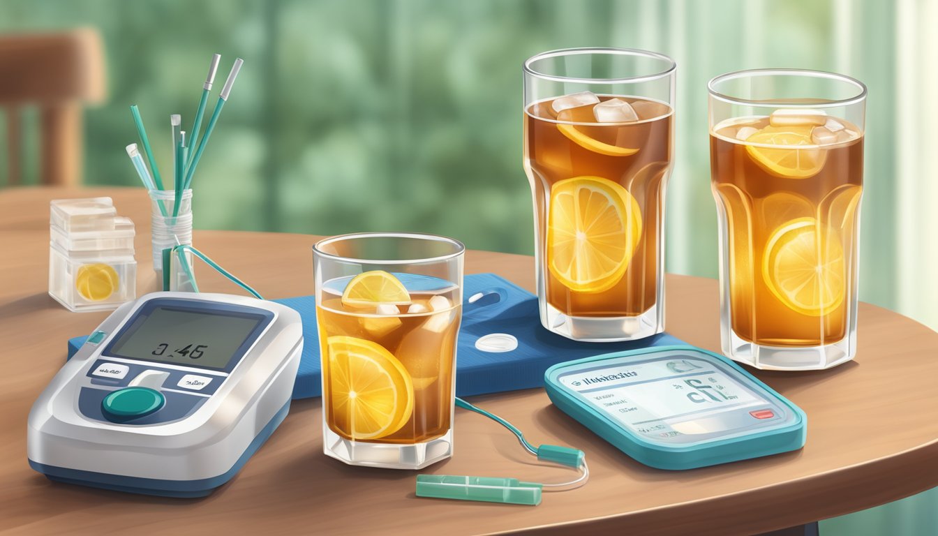 A glass of unsweetened iced tea on a table with a diabetes monitoring kit nearby