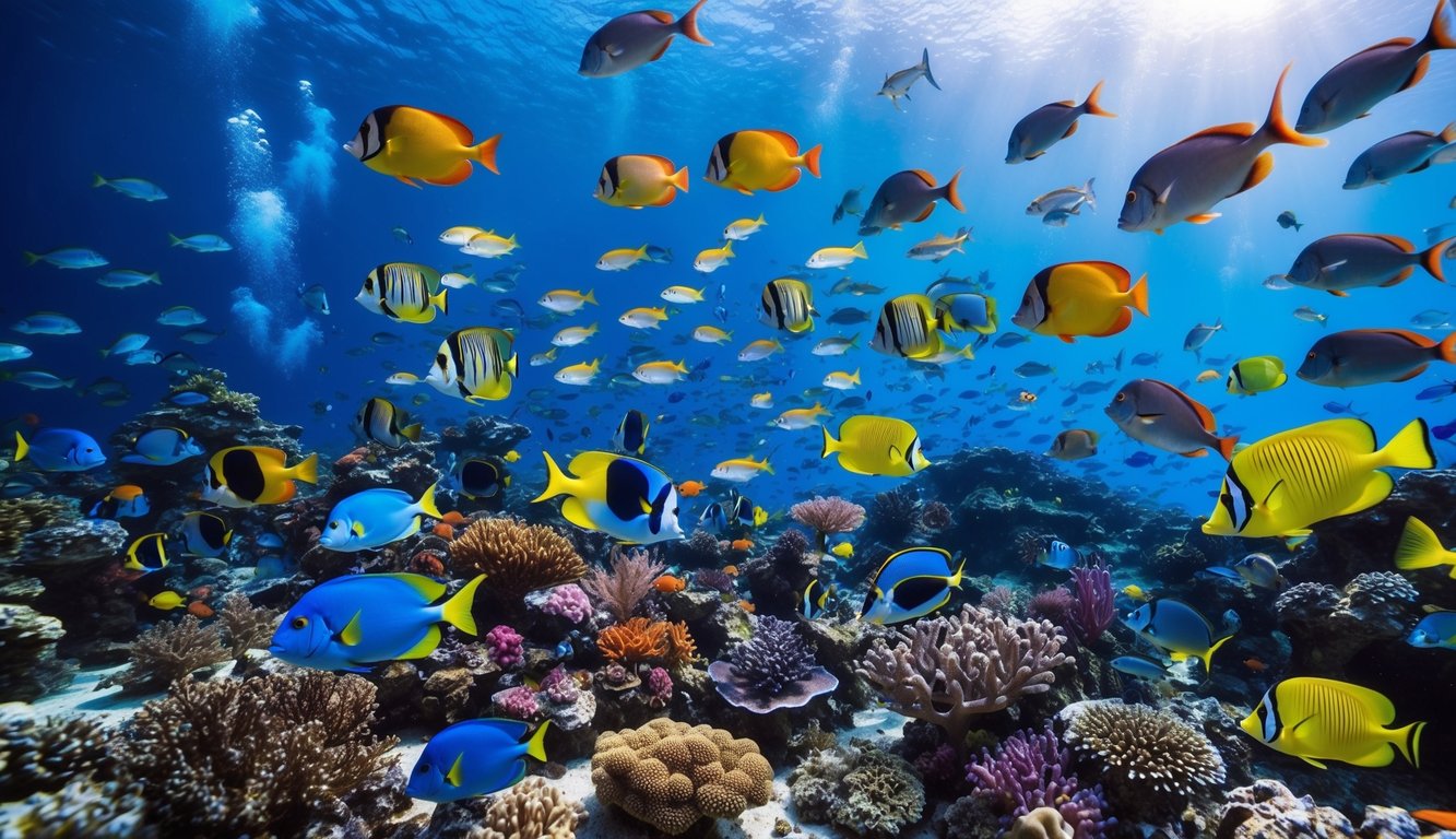 Sebuah dunia bawah laut yang ramai dengan ikan berwarna-warni, terumbu karang, dan berbagai makhluk akuatik, semuanya dikelilingi oleh suasana yang cerah dan hidup