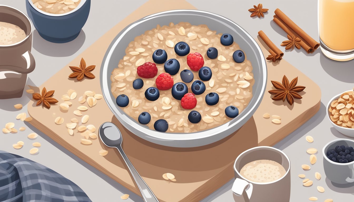 A bowl of oatmeal topped with fresh berries, chopped nuts, and a sprinkle of cinnamon, with a steaming cup of sugar-free almond milk on the side