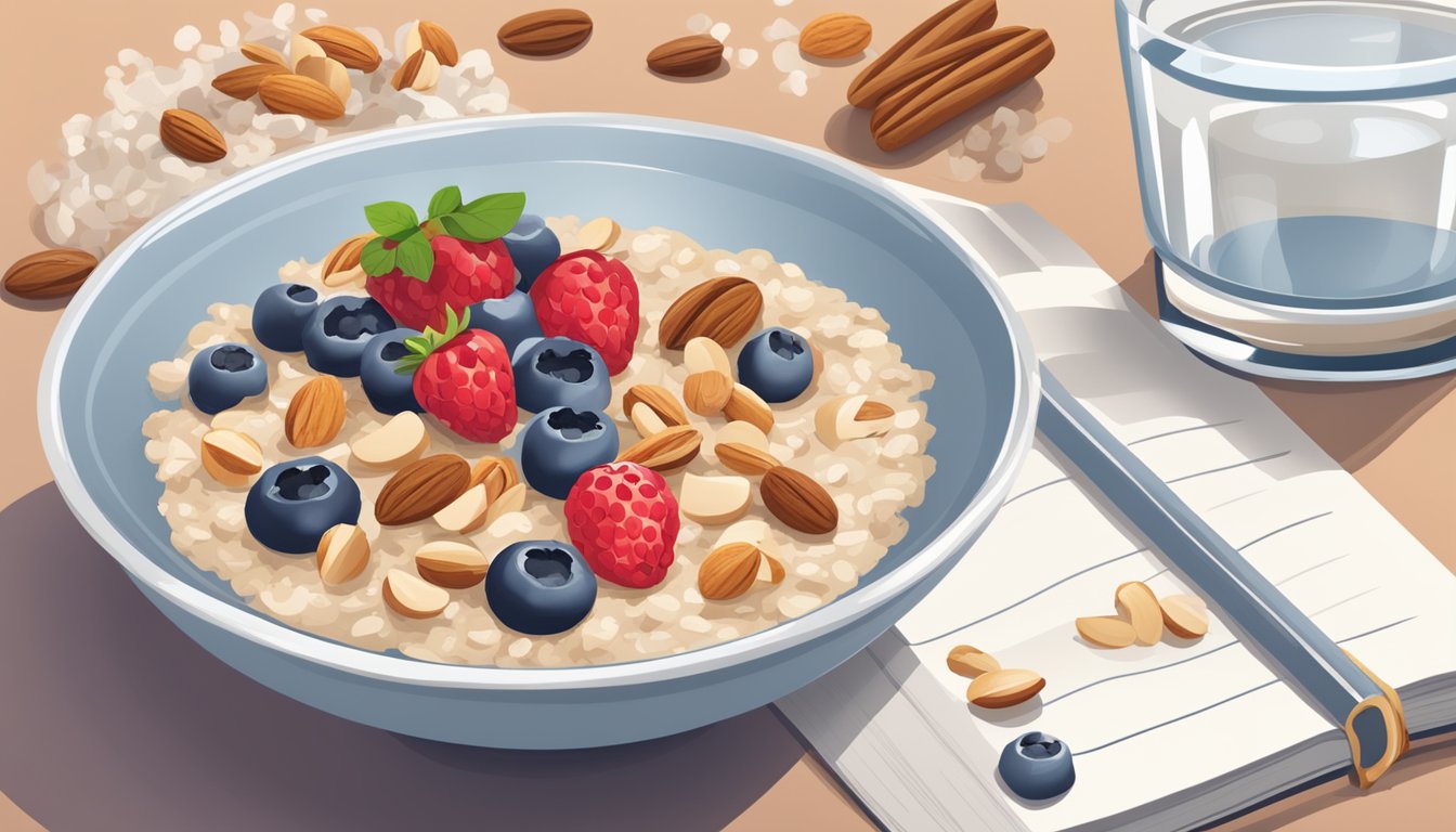 A bowl of sugar-free oatmeal topped with fresh berries and nuts, accompanied by a glass of water and a diabetes-friendly cookbook open to a page on oatmeal recipes