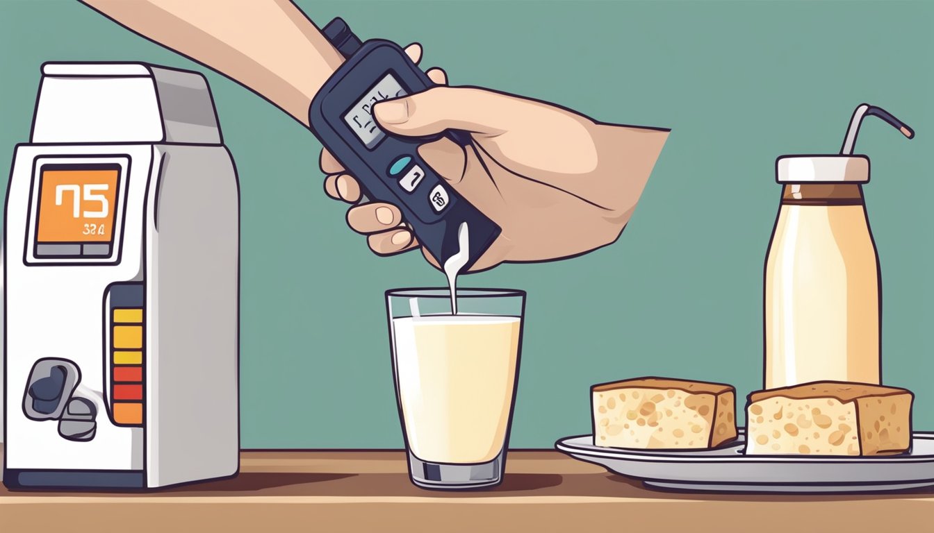 A diabetic person pouring unsweetened soy milk into a glass, with a bottle of soy milk and a blood glucose monitor nearby