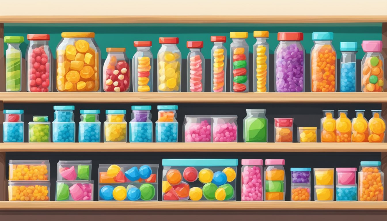 A colorful array of sugar-free candies displayed on a shelf, with various flavors and shapes, including hard candies, gummies, and lollipops