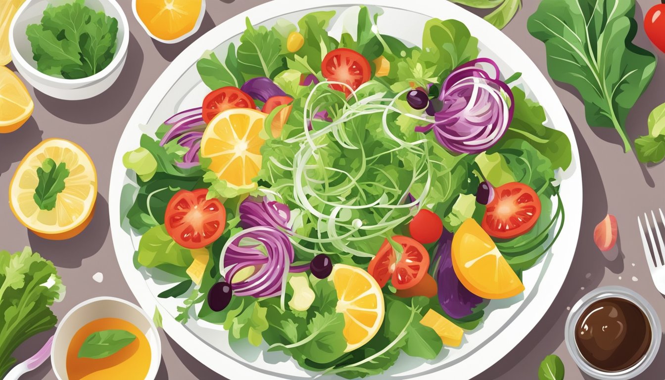 A person pouring sugar-free salad dressing onto a colorful salad, with various fresh vegetables and leafy greens arranged on a plate