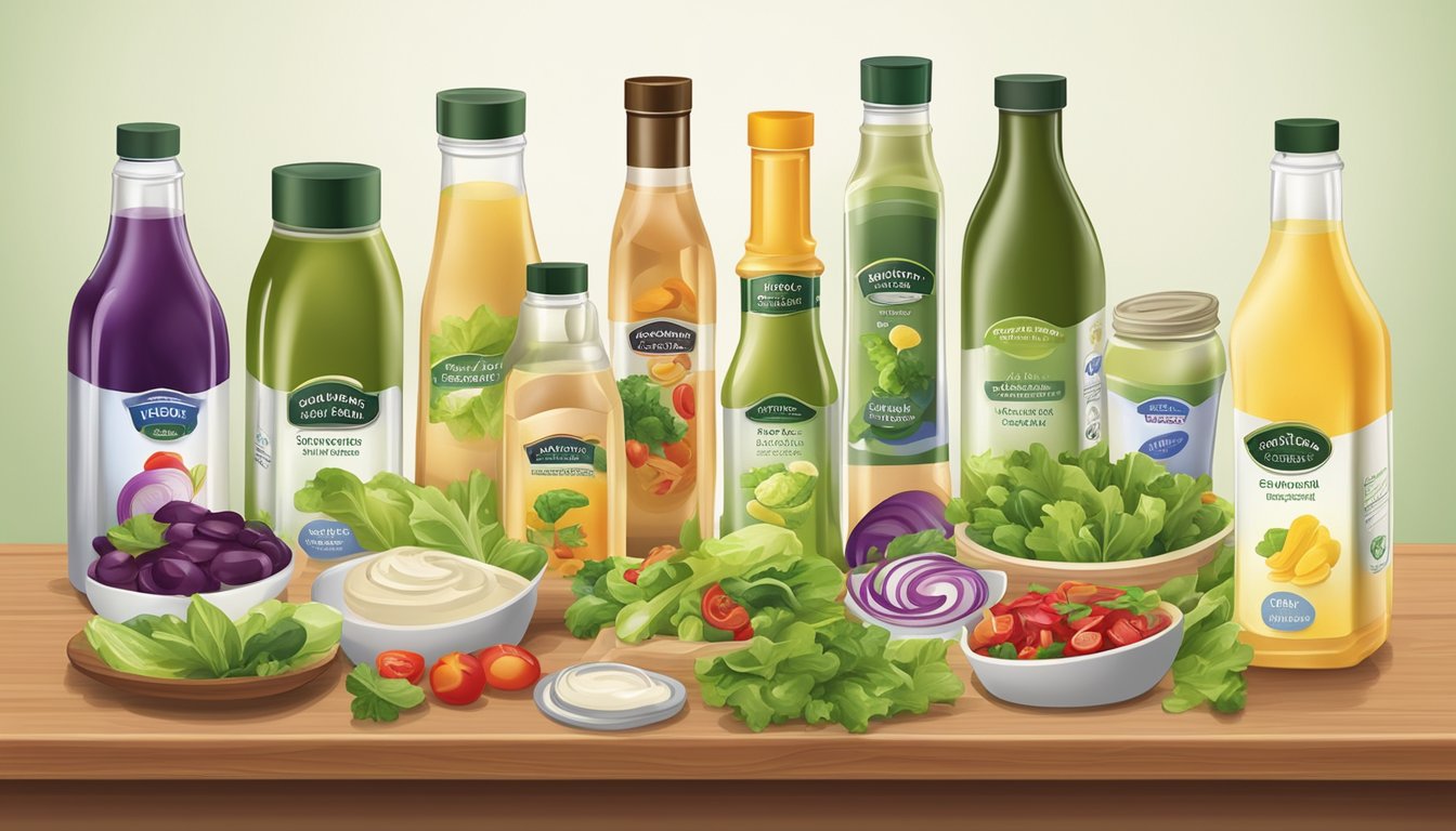 A variety of salad dressings and ingredients, including sugar-free options, displayed on a table