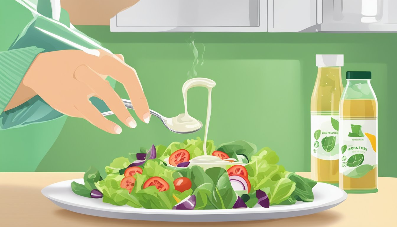 A person with diabetes pouring sugar-free salad dressing onto a fresh green salad