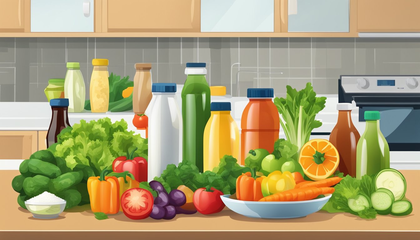 A colorful array of fresh vegetables and fruits, alongside bottles of sugar-free salad dressings, on a kitchen counter