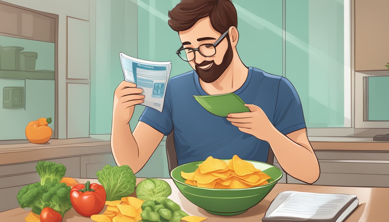 A person with diabetes enjoys a bowl of veggie chips while reading a nutrition label