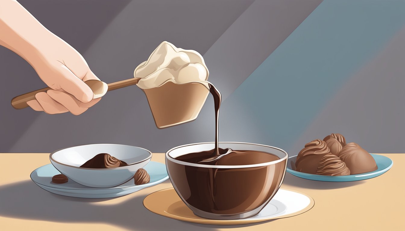 A person with diabetes pours sugar-free chocolate syrup onto a bowl of ice cream