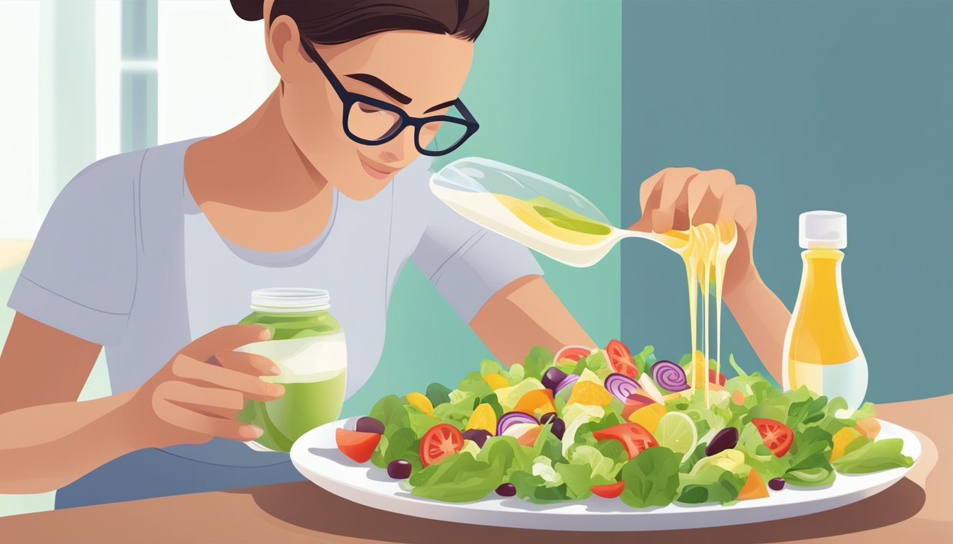 A person with diabetes pouring sugar-free salad dressing onto a colorful salad