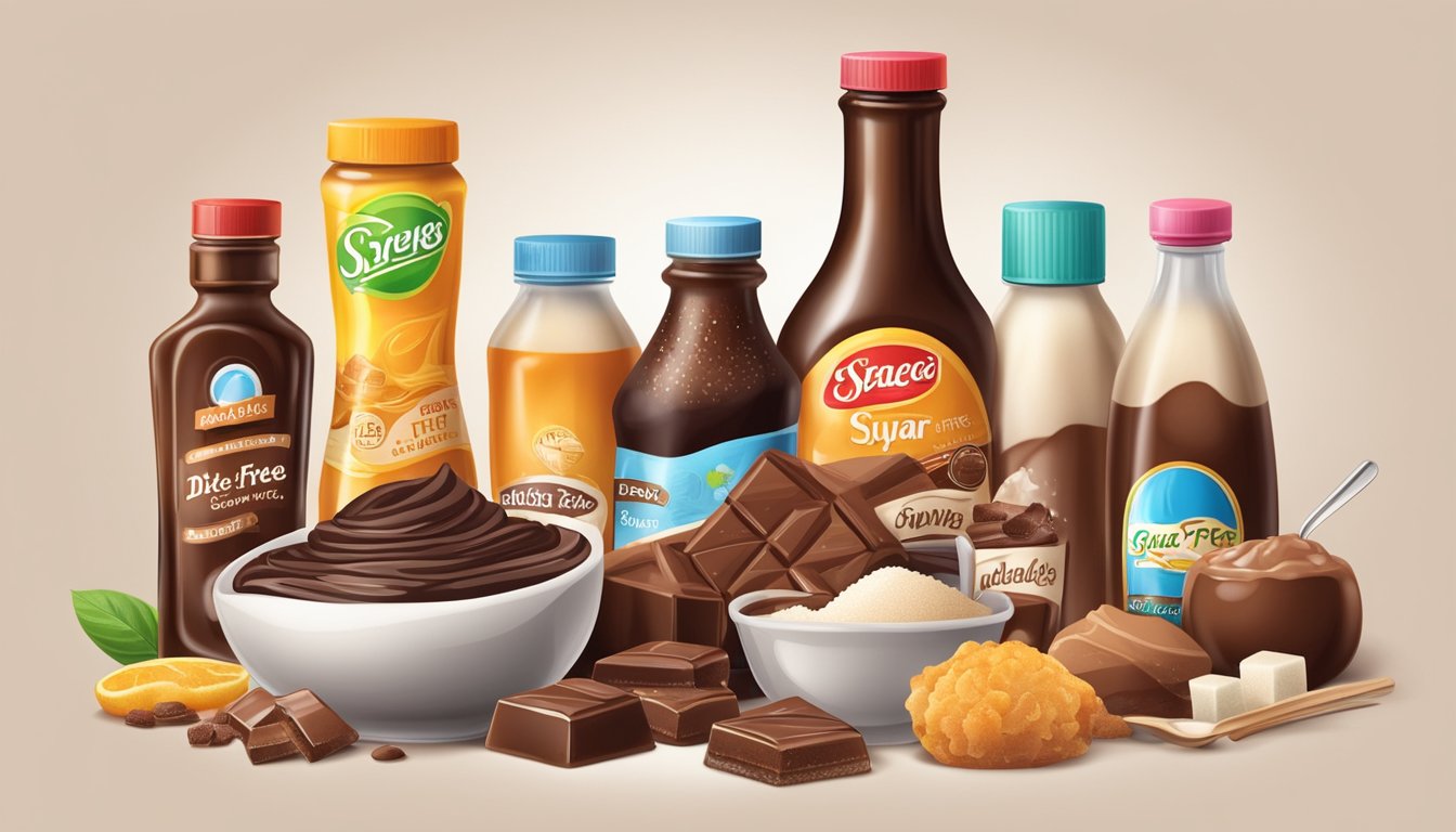 A bottle of sugar-free chocolate syrup surrounded by various sugar-free and diabetic-friendly food items