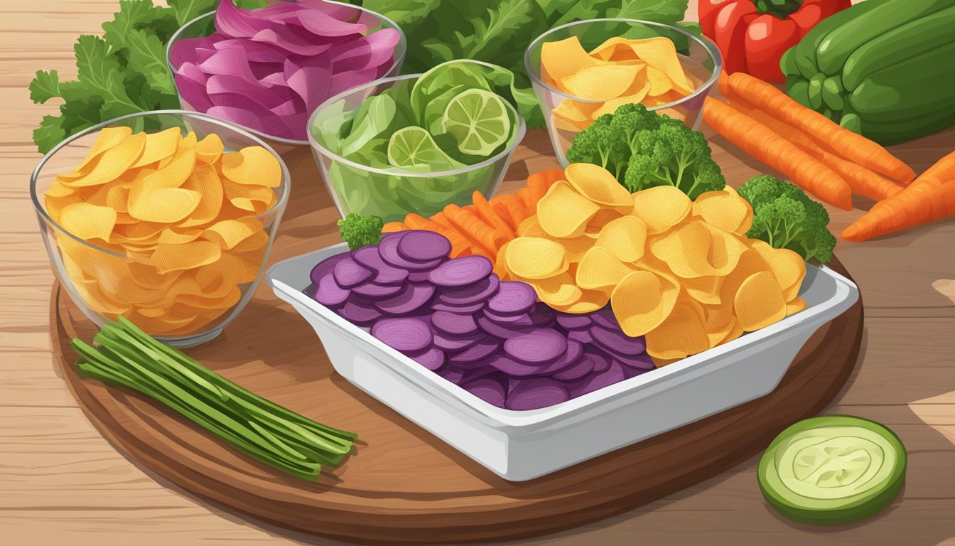 A bowl of colorful veggie chips arranged on a wooden cutting board, surrounded by fresh vegetables and a measuring tape for portion control