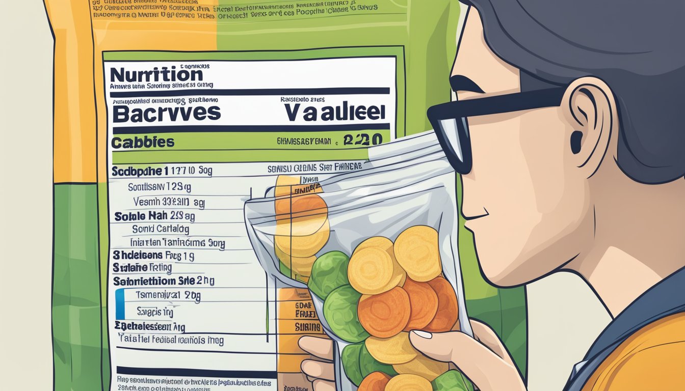 A person with diabetes holds a bag of veggie chips while looking at the nutrition label and serving size information on the packaging