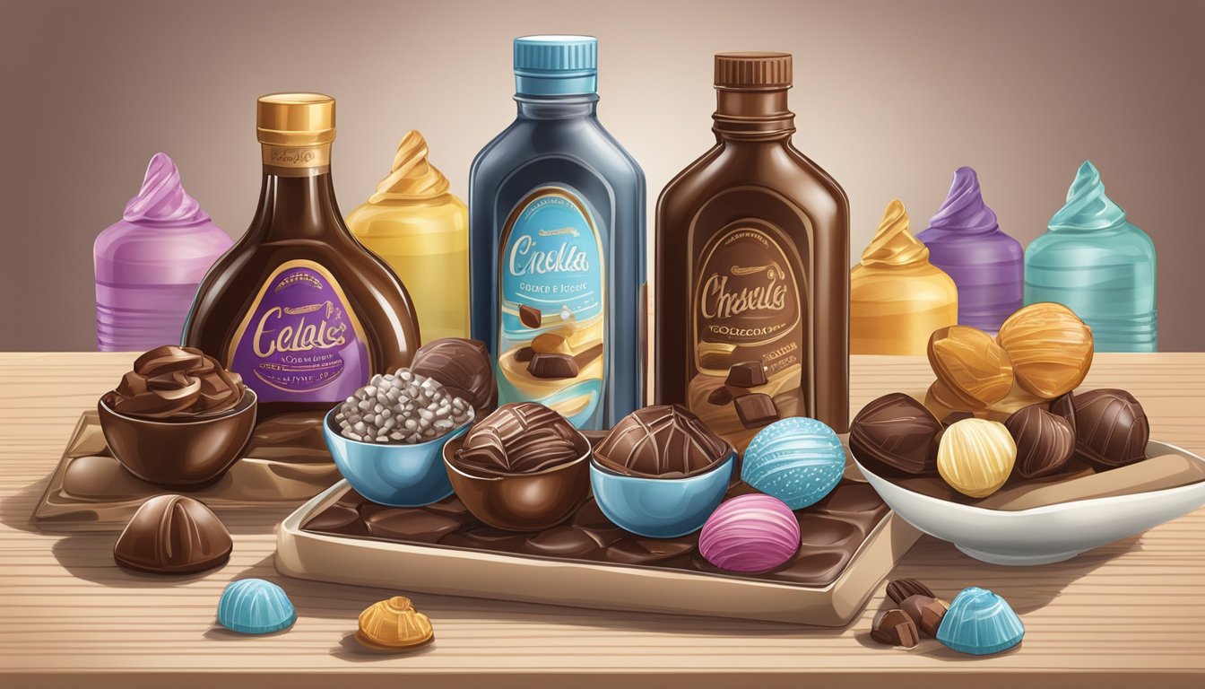 A variety of chocolates arranged on a table, with a focus on sugar-free chocolate syrup in a decorative bottle