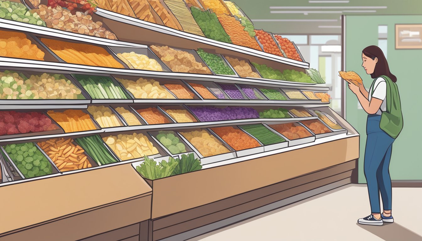 A person with diabetes selecting a variety of veggie chips from a display at a grocery store