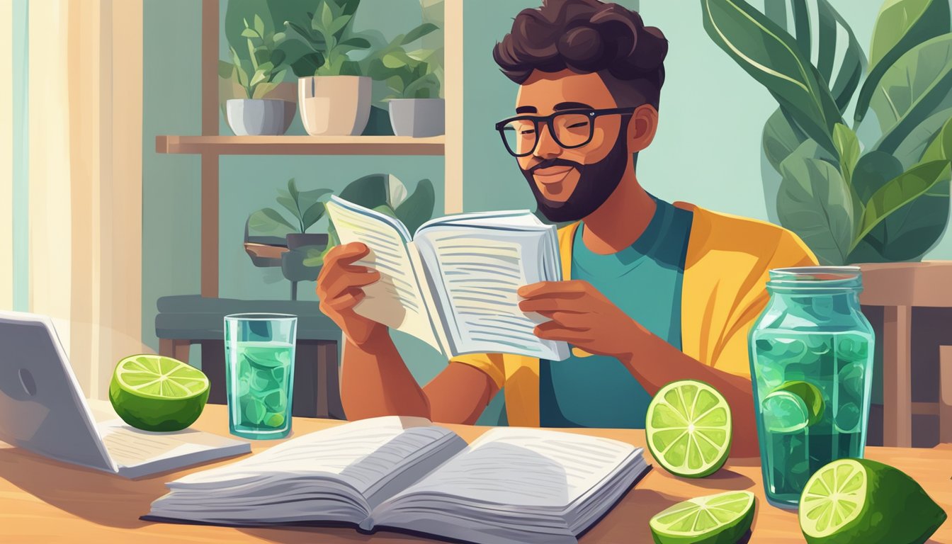 A person with diabetes enjoying a sugar-free tonic water with a slice of lime, while reading a book about managing diabetes