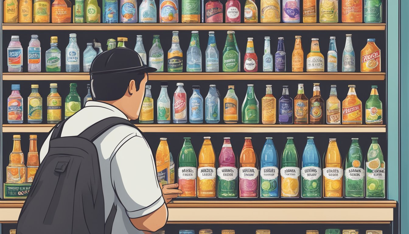 A person stands in front of a display of various drink options, including sugar-free tonic water, reading labels and considering their choices