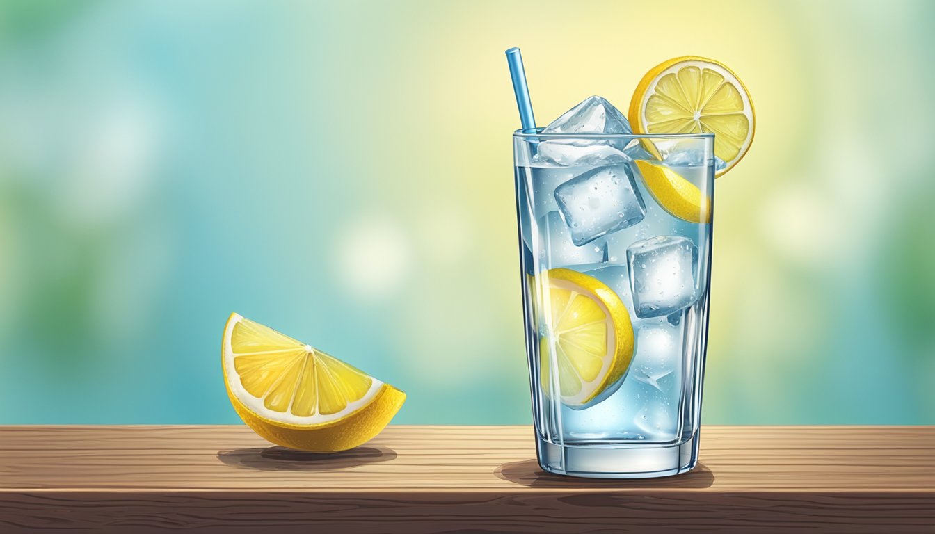 A refreshing glass of sugar-free tonic water with ice and a slice of lemon on a wooden table