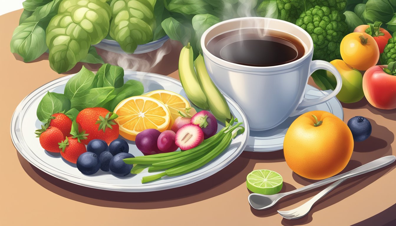 A table set with a steaming cup of tea, a mug of coffee, and a bottle of sugar-free tonic water, surrounded by fresh fruits and vegetables