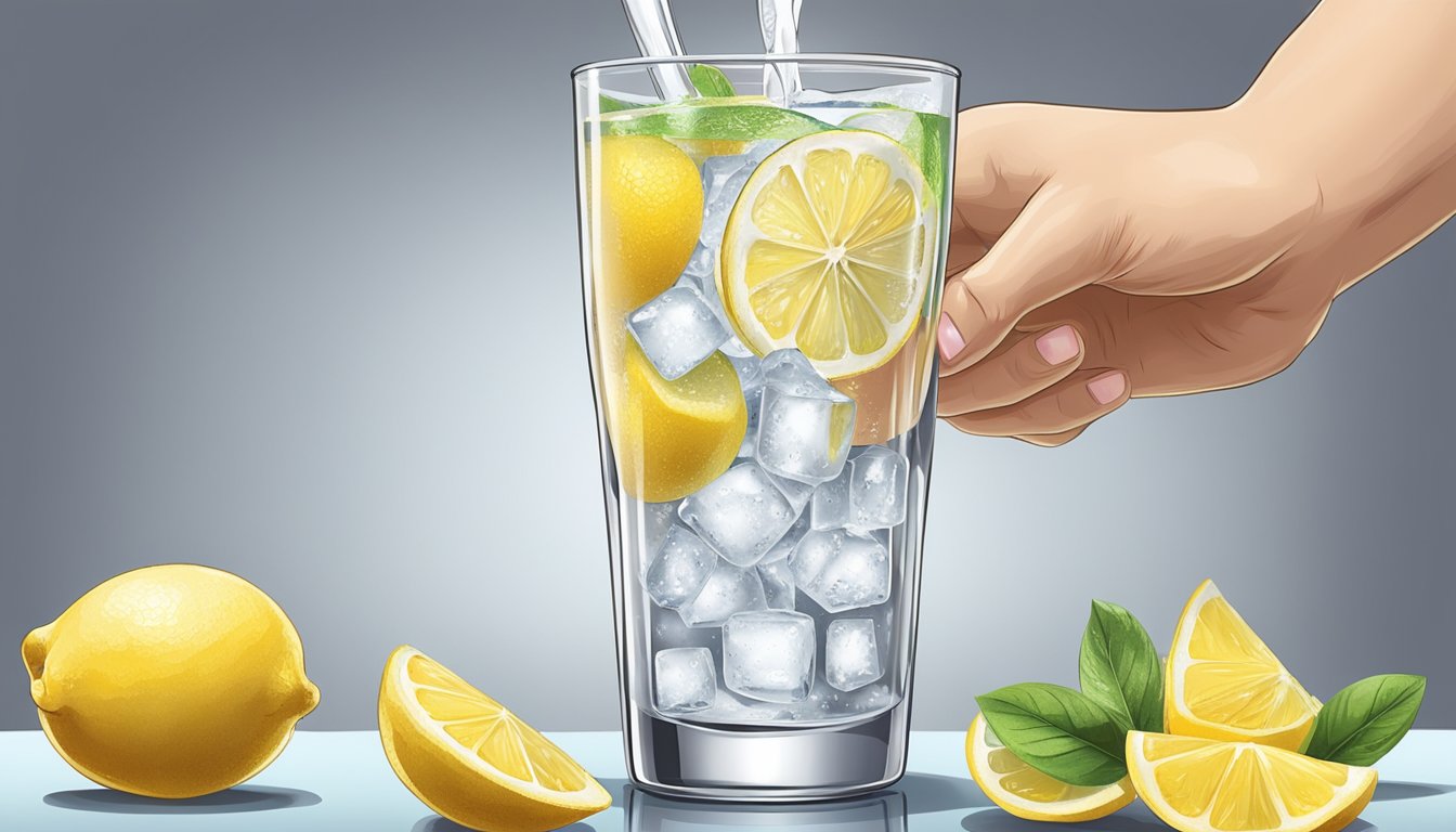 A diabetic person pouring a glass of sugar-free tonic water into a tall, clear glass filled with ice and a slice of lemon