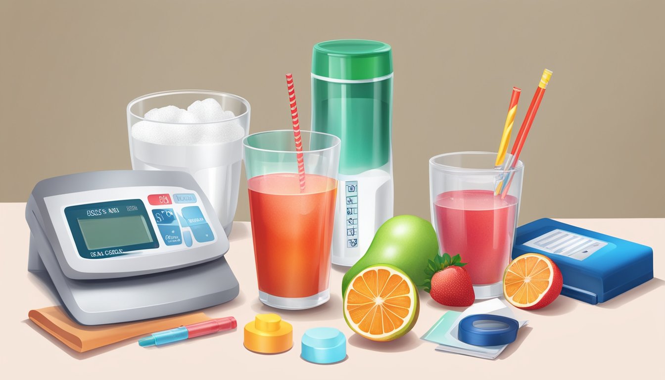 A glass of sugar-free fruit punch next to a blood sugar monitoring kit and diabetes educational materials