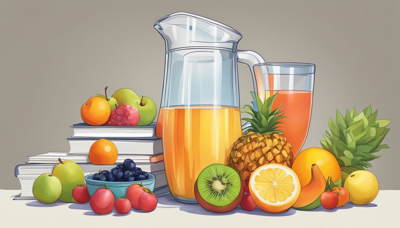 A pitcher of sugar-free fruit punch surrounded by various fruits and a diabetes management guidebook