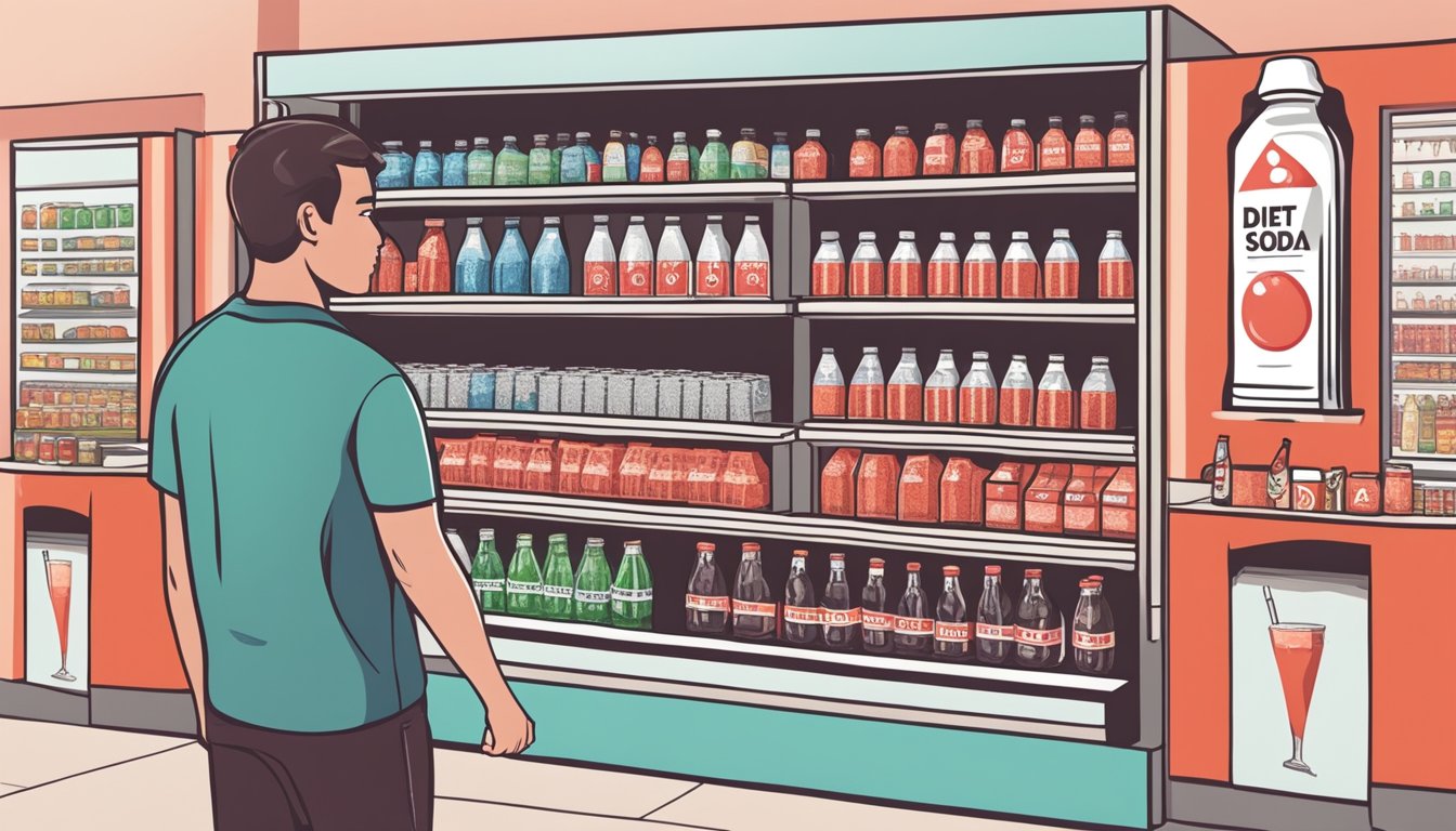 A person choosing between a sugary soda and a diet soda, with a red warning sign next to the sugary option