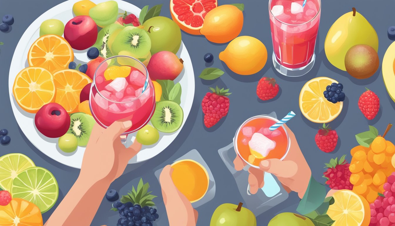 A person with diabetes holding a glass of sugar-free fruit punch, surrounded by various fruit and drink options