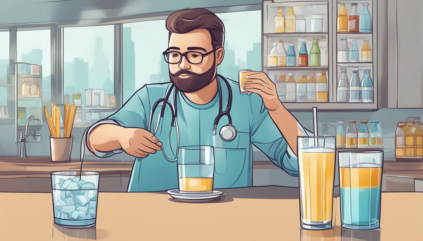 A person with diabetes choosing between a glass of water and a sugary beverage, with a doctor advising against the sugary option