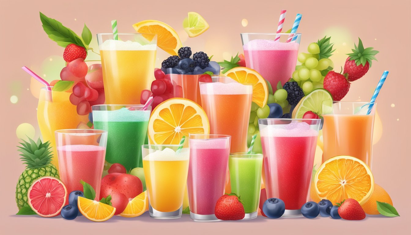 A refreshing glass of sugar-free fruit punch surrounded by colorful, fresh fruits and a variety of low-glycemic index beverages