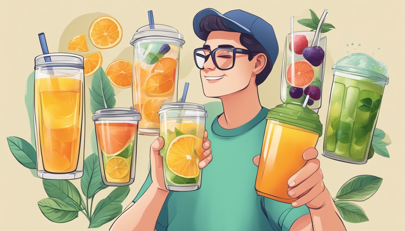 A person enjoying a variety of healthy beverages like water, herbal tea, and freshly squeezed juice, while avoiding sugary drinks like soda and sweetened coffee