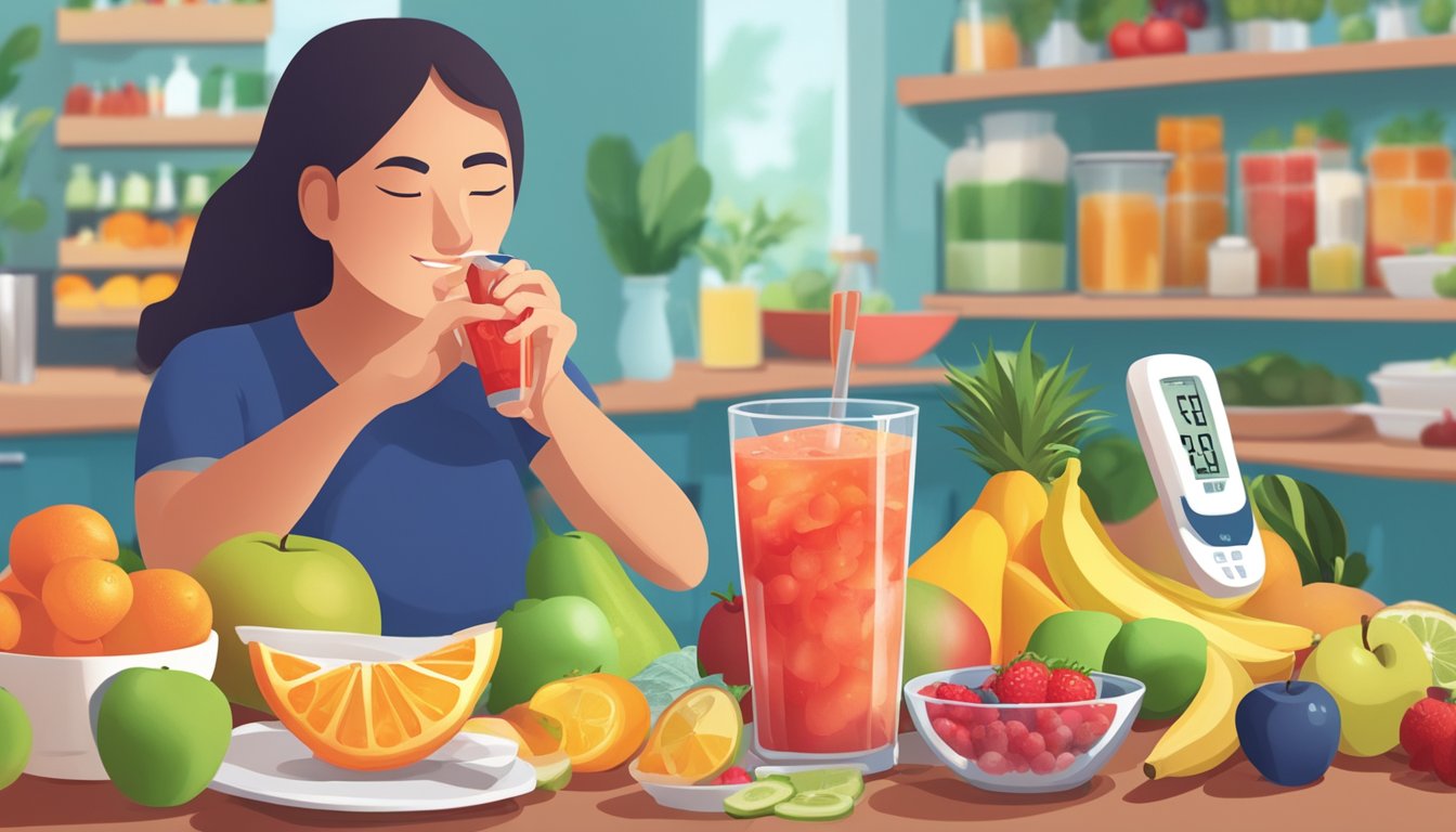 A person with diabetes enjoys a glass of sugar-free fruit punch while surrounded by healthy food options and a blood glucose monitor