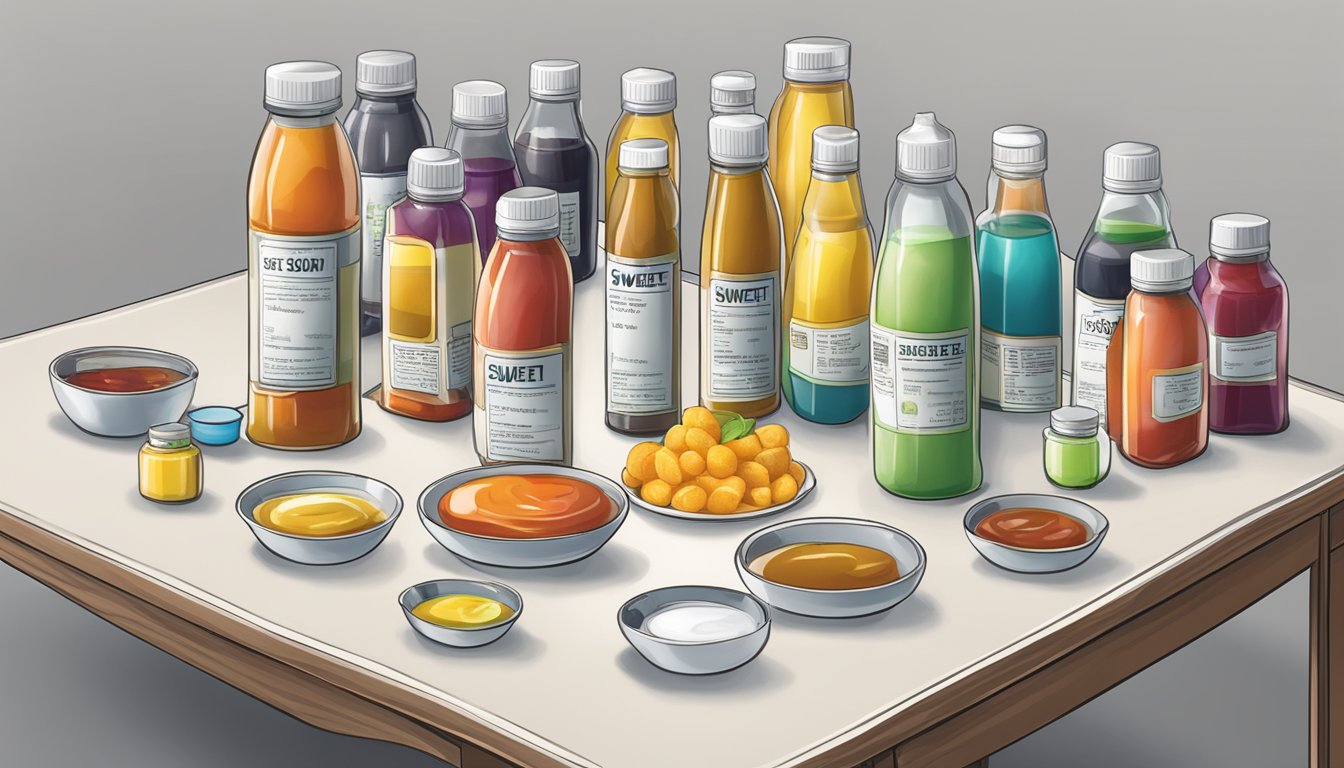 A table with various sauce bottles labeled "sweet and sour" being tested with glucose monitoring equipment