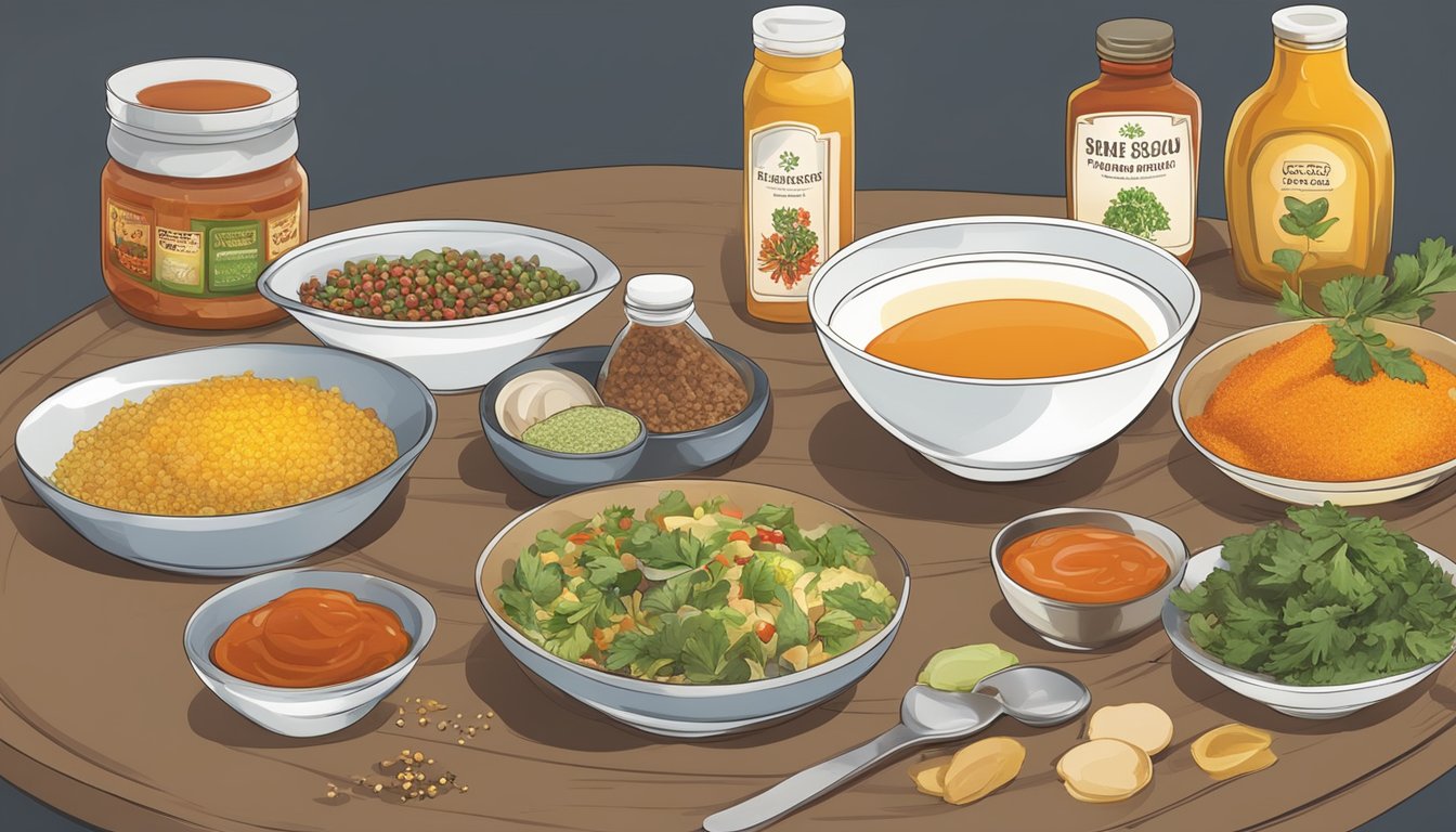 A table with bowls of alternative condiments and spices, including sweet and sour sauce, next to a plate of food