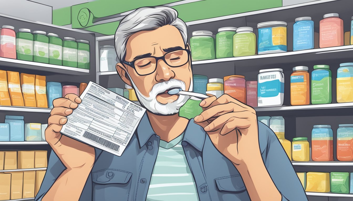 A person with diabetes chewing sugar-free gum while reading a nutrition label