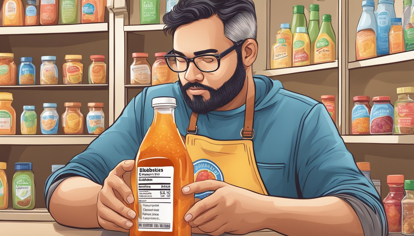 A person with diabetes holds a bottle of sweet and sour sauce while reading the food label closely