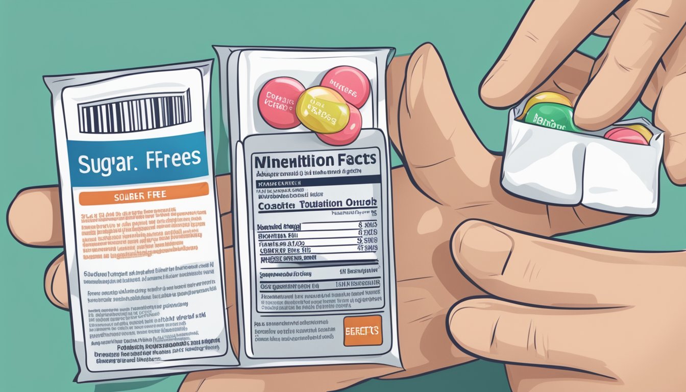 A diabetic person holding a pack of sugar-free gum with a warning label and a list of potential risks and side effects