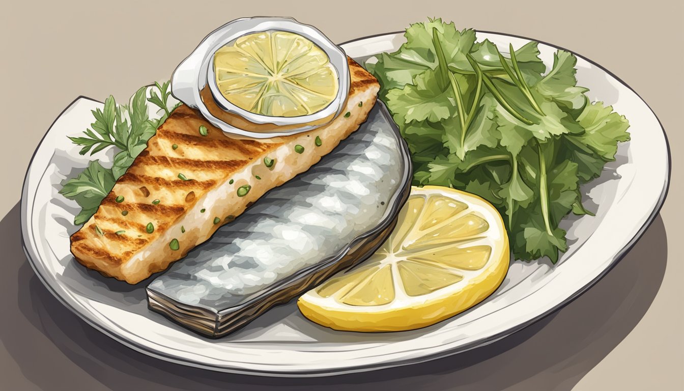 A small dish of tartar sauce next to a grilled fish fillet, with a lemon wedge on the side