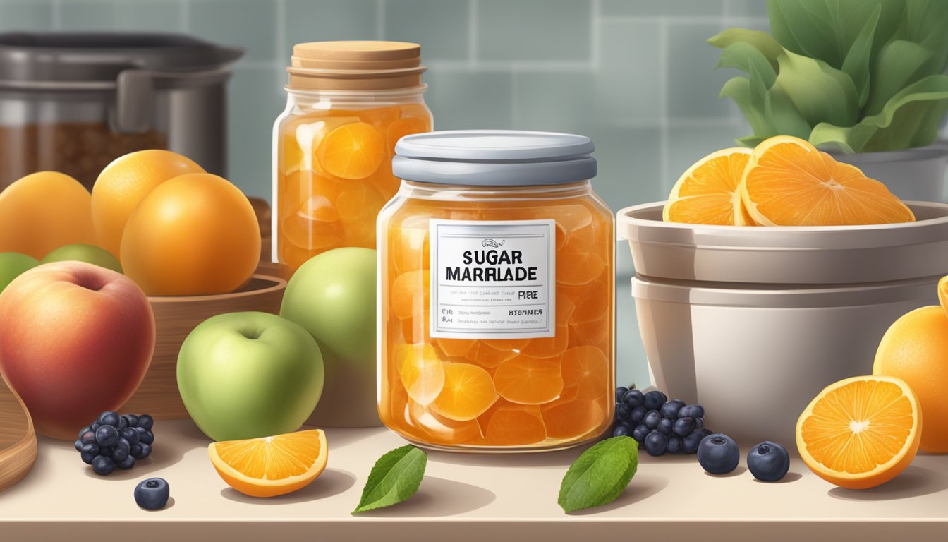 A jar of sugar-free marmalade on a kitchen counter, surrounded by fresh fruits and a nutrition label