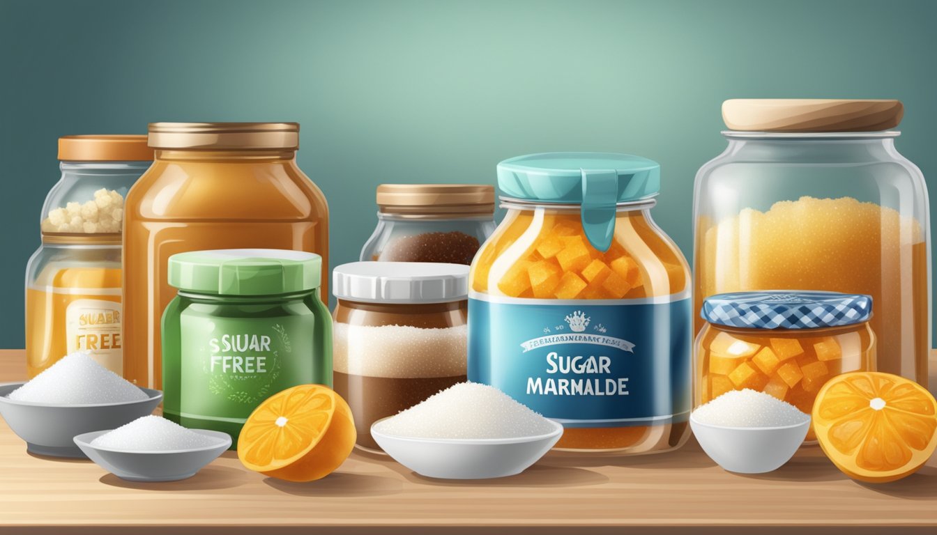 A jar of sugar-free marmalade surrounded by various sugar substitutes and sweeteners on a kitchen countertop