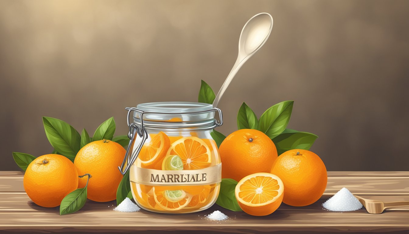 A jar of sugar-free marmalade surrounded by fresh oranges and a measuring spoon on a rustic wooden table