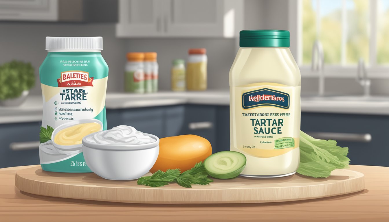 A jar of sugar-free tartar sauce next to diabetic-friendly condiments on a kitchen counter