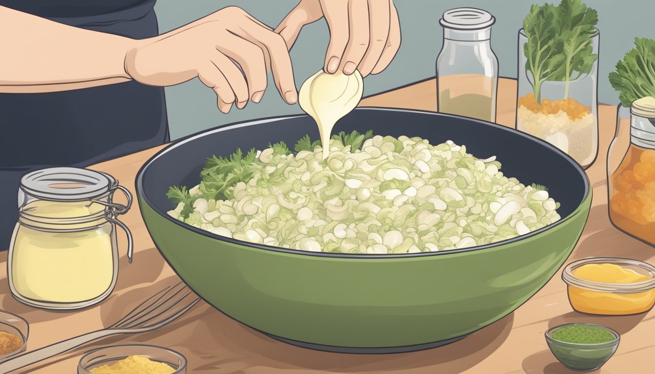 A person mixes together mayonnaise, pickles, onions, and spices in a bowl to prepare homemade tartar sauce