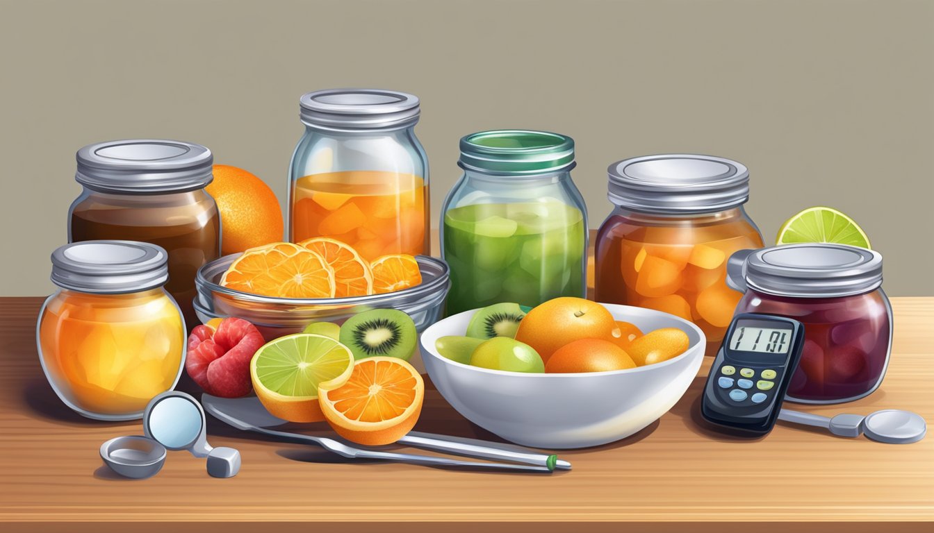 A table set with a jar of sugar-free marmalade, assorted fruits, and a blood glucose monitor